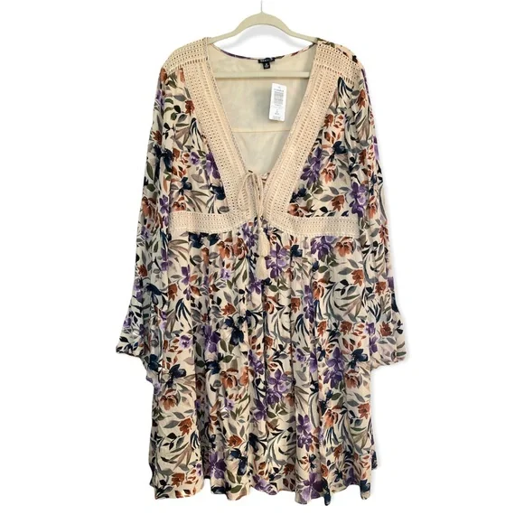 NWT Torrid Floral Babydoll Fit Plus Size Tan Skater Dress w/ Lace Up Neckline - Picture 2 of 10